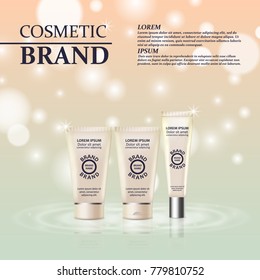 3D realistic cosmetic bottle ads template. Cosmetic brand advertising concept design with glitters and bokeh background.