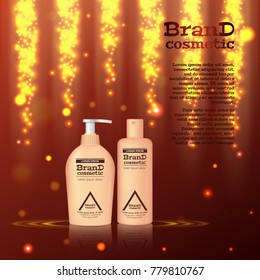 3D realistic cosmetic bottle ads template. Cosmetic brand advertising concept design with glitters and bokeh background.