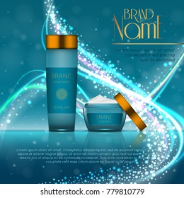 3D realistic cosmetic bottle ads template. Cosmetic brand advertising concept design with glitters and bokeh background.
