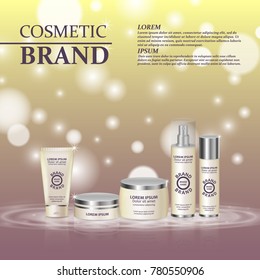 3D realistic cosmetic bottle ads template. Cosmetic brand advertising concept design with glitters and bokeh background.