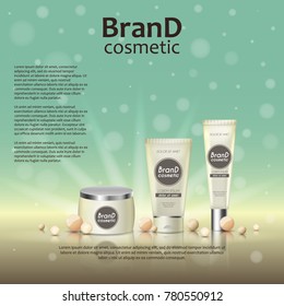 3D realistic cosmetic bottle ads template. Cosmetic brand advertising concept design on glowing background with pearls and sparkles.