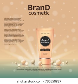 3D realistic cosmetic bottle ads template. Cosmetic brand advertising concept design on glowing background with pearls and sparkles.
