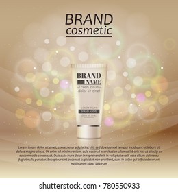 3D realistic cosmetic bottle ads template. Cosmetic brand advertising concept design with glitters and bokeh background.
