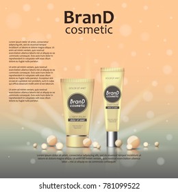 3D realistic cosmetic bottle ads template. Cosmetic brand advertising concept design on glowing background with pearls and sparkles.