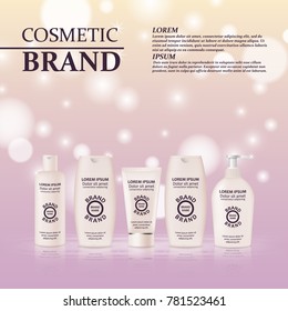 3D realistic cosmetic bottle ads template. Cosmetic brand advertising concept design with glitters and bokeh background.