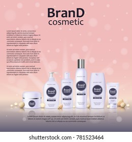 3D realistic cosmetic bottle ads template. Cosmetic brand advertising concept design on glowing background with pearls and sparkles.