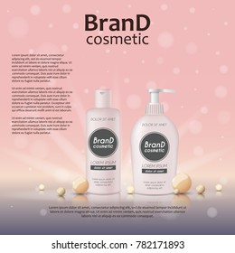 3D realistic cosmetic bottle ads template. Cosmetic brand advertising concept design on glowing background with pearls and sparkles.