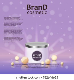 3D realistic cosmetic bottle ads template. Cosmetic brand advertising concept design on glowing background with pearls and sparkles.