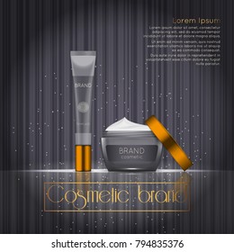 3D realistic cosmetic bottle ads template. Cosmetic brand advertising concept design with glowing sparkles on abstract texture background.