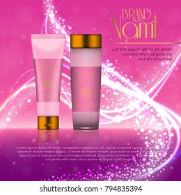 3D realistic cosmetic bottle ads template. Cosmetic brand advertising concept design with glitters and bokeh background.