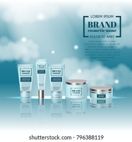 3D realistic cosmetic bottle ads template. Cosmetic brand advertising concept design on sky background with clouds.