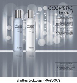3D realistic cosmetic bottle ads template. Cosmetic brand advertising concept design with glitters and bokeh background.