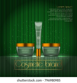 3D realistic cosmetic bottle ads template. Cosmetic brand advertising concept design with glowing sparkles on abstract texture background.