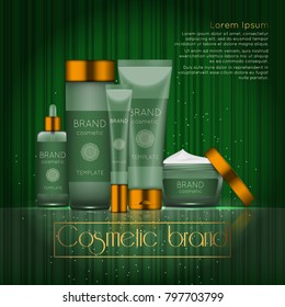 3D realistic cosmetic bottle ads template. Cosmetic brand advertising concept design with glowing sparkles on abstract texture background.