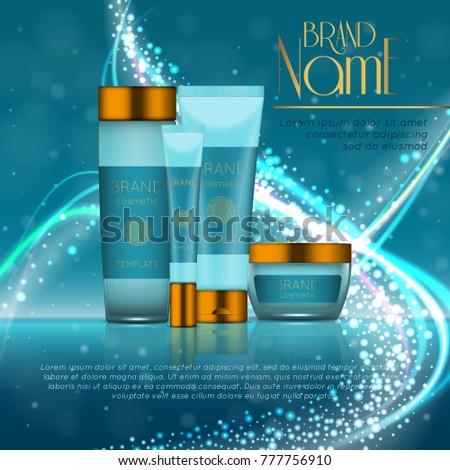 3D realistic cosmetic bottle ads template. Cosmetic brand advertising concept design with glitters and bokeh background.