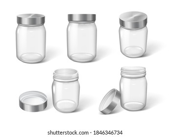 3d realistic cosmetic package jars empty transparent on white background vector illustration. Plastic bottles for cream, face care cosmetic or food products. Vector illustration