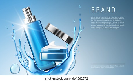 3D Realistic Cosmetic Product Spray Bottle And Cream Jar Package Template. EPS10 Vector