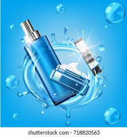 3D Realistic Cosmetic Product Spray Bottle And Cream Jar Package Template. EPS10 Vector