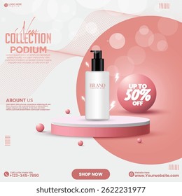 3D realistic cosmetics product sale social media poster design with a cylinder empty podium. Pink color abstract empty podium design vector. Social media product advertisement poster design. 