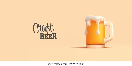 3D realistic craft beer in a mug. For advertising concepts of breweries, pubs, and restaurants. Modern banner for promotional offers. Vector illustration.