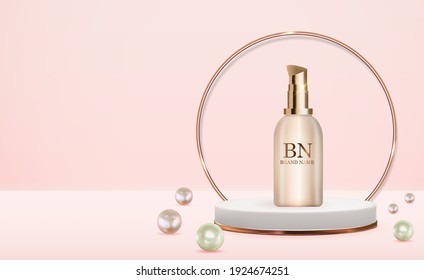 3D Realistic Cream Bottle on Pastel  Background with pearl. Design Template of Fashion Cosmetics Product  for Ads, flyer, banner or Magazine Background. Vector Iillustration. EPS10