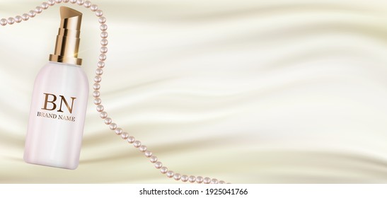3D Realistic Cream Bottle on Silk with Pearl Design Template of Fashion Cosmetics Product  for Ads, flyer, banner or Magazine Background. Vector Iillustration. EPS10