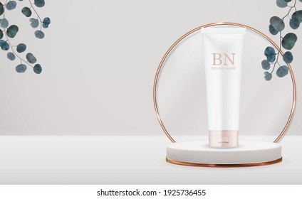 3D Realistic Cream Bottle on pedestal Background with eucalyptus leaves. Design Template of Fashion Cosmetics Product  for Ads, flyer, banner or Magazine Background. Vector Illustration EPS10