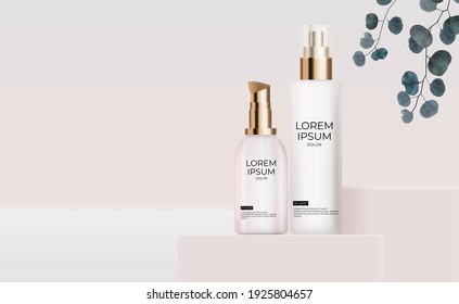 3D Realistic Cream Bottle on White Silk with Pearl Design Template of Fashion Cosmetics Product  for Ads, banner or Magazine Background. Vector Iillustration EPS10