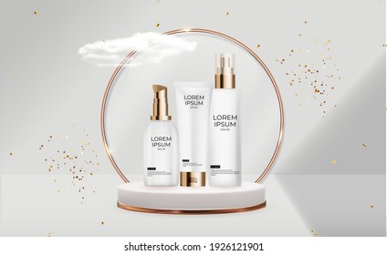 3D-Realistisches Flaschenset für Creme. Design-Vorlage für Mode-Kosmetikprodukte für Werbung, Flyer oder Magazin-Hintergrund. Vektorgrafik EPS10