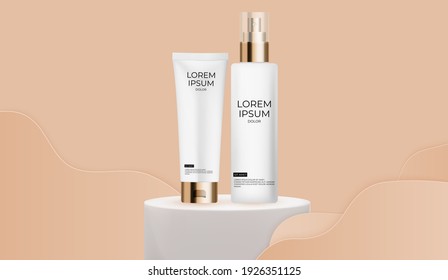 Botella de crema realista 3D set plantilla de diseño pastel de productos cosméticos de moda para anuncios, banner o fondo de revista. EPS10 de ilustración vectorial