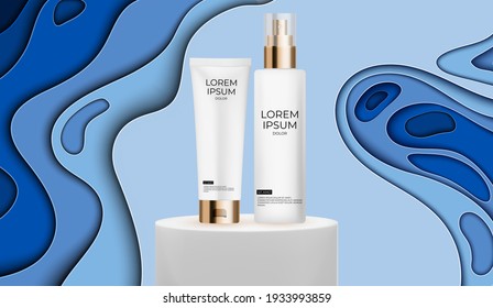 3D Equipo de botellas de crema realista 3D Plantilla de diseño de productos cosméticos de moda para anuncios, banner o fondo de revista. EPS10 de ilustración vectorial