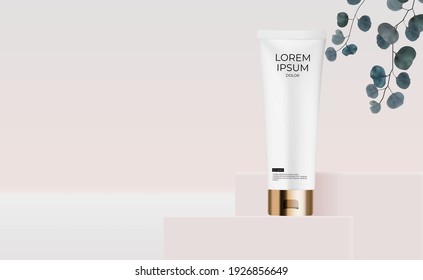 3D Realistic Cream Tube Design Template of Fashion Cosmetics Product  for Ads, banner or Magazine Background. Vector Iillustration EPS10