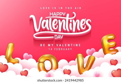 3D Realistic Creative Vector Illustration Design Happy Valentine's Day Greeting Invitation Card Banner Poster with Metalic L O V E Balloons on the Clouds with Pink and Red Hearts for Celebration