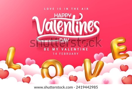 3D Realistic Creative Vector Illustration Design Happy Valentine's Day Greeting Invitation Card Banner Poster with Metalic L O V E Balloons on the Clouds with Pink and Red Hearts for Celebration