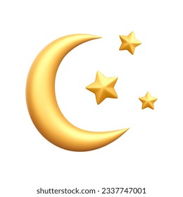 3d realistic crescent and gold stars isolated on white background. Abstract moon with bright stars in cartoon style. Vector illustration
