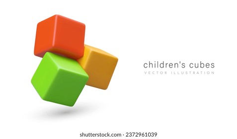 3d realistic cubes for children. Constructor, game for kids, development. Poster for toy store with place for text. Vector illustration in green, red and yellow colors