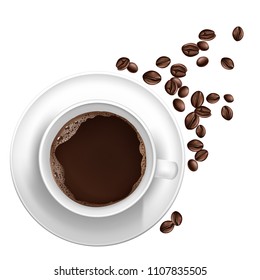  3d realistic cup of coffee on the saucer, beans isolated on white background. Top view of arabica drink, hot espresso or americano. Mock up, template for ad poster, banner