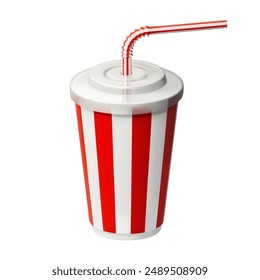 3d realistic cup with straw rendering vector Illustration. Soft drink, soda in red striped paper or plastic cup