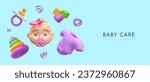 3d realistic cute baby with pink bow. Collection with educational pyramid toy and cubes. Baby girl care concept. Vector illustration with blue background and place for text