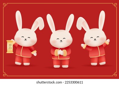 3D Realistic Cute Bunny for Chinese New Year Design Vector Illustration. 