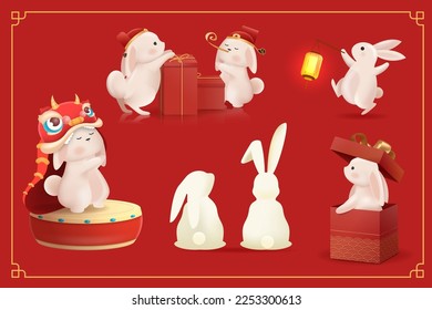 3D Realistic Cute Bunny for Chinese New Year Design Vector Illustration. 