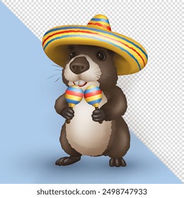 Capibara de dibujos animados lindo realista 3D vestido con un sombrero vibrante y sosteniendo maracas aisladas sobre fondo transparente. Animal sudamericano tridimensional, capibara, bailando con música rítmica