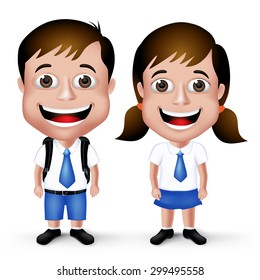 3D Realistic Cute School Boy and Girl Student Characters in School Uniform with Backpack and Happy Smile Isolated in White Background. Vector Illustration