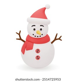 3d realistic cute snowman with Xmas hat. Cute Christmas character. 3D Vector illustration isolated on white background.