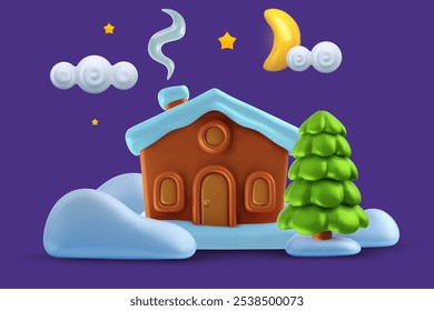 3d realistic cute winter composition with house, xmas tree, snow landscape and night sky. Merry Christmas and Happy New Year modern cartoon background.