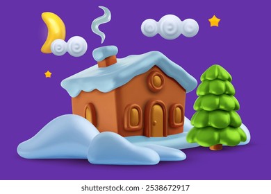 3d realistic cute winter composition with house, xmas tree, snow landscape and night sky. Merry Christmas and Happy New Year modern cartoon background.