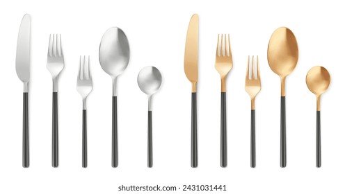 3d realistic cutlery big kit. Vector illustration set of silver and golden spoon. fork and knife for different types of food. Top view on kitchen or restaurant tableware. Eating tools mockup.