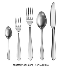 3d realistic cutlery set with table knife, spoon, fork, tea spoon and fish spoon.