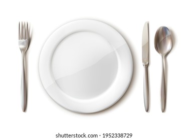 3d realistic cutlery set of white plate, fork, spoon and knife. Isolated on white background. 