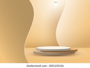 3D realistic cylinder layer geometric shape podium with wave backdrop and lamp lighting on beige background. You can use for mock up product showcase, exhibition, etc. Vector illustration